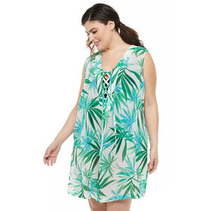 Porto Cruz Green Tropical‎ Palm Print V-Neck Lace Up Cover Up Dress Womans Sz 2X
